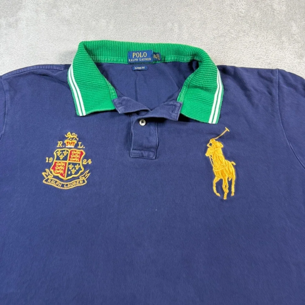 Polo Ralph Lauren Polo Shirt Mens 2XL Blue Big Pony Crest Green Collar Rugby